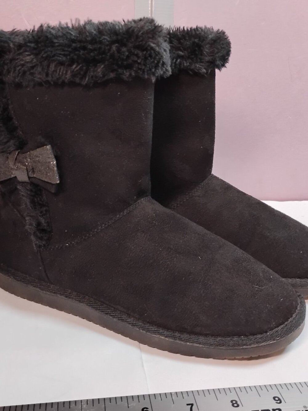SONOMA Kohl’s Girls Size 5 Black Faux Fur Winter Boots Bow Accent Slip On